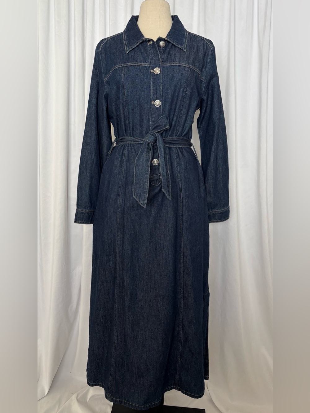 DKNY Dark Blue Denim Long-Sleeve Shirt Dress with Waist Tie NWOT - Picture 1 of 5